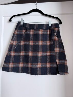 re:named Navy and Brown Plaid Mini Skirt with Zip Pockets
